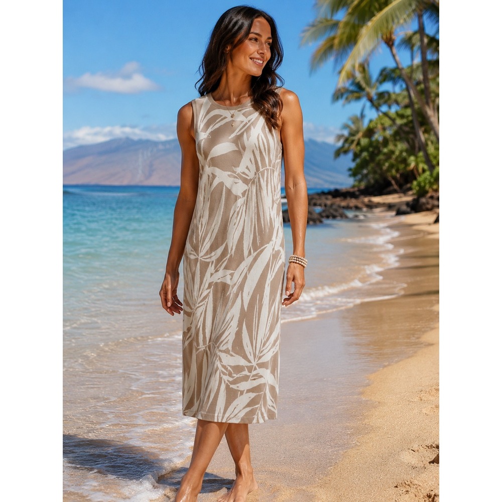 Tommy Bahama Tan Palm Leaf Jacquard Knit Sleeveless Sheath Dress Medium
